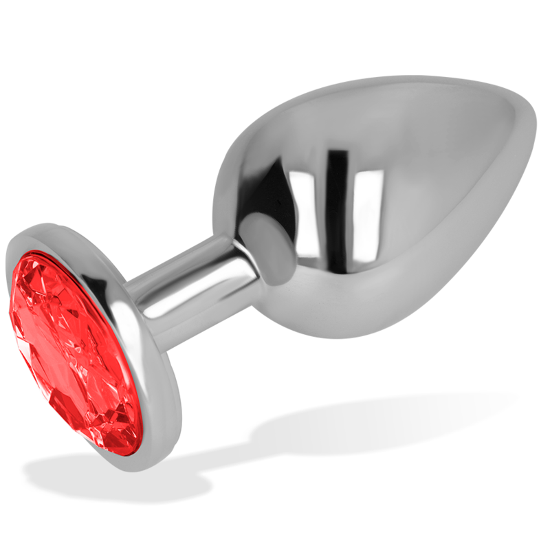 OHMAMA plug tapón anal metal con cristal redondo rojo, talla M, vista inclinada