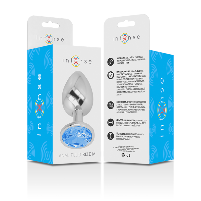 INTENSE plug tapón anal metal con cristal redondo azul, talla M, en caja