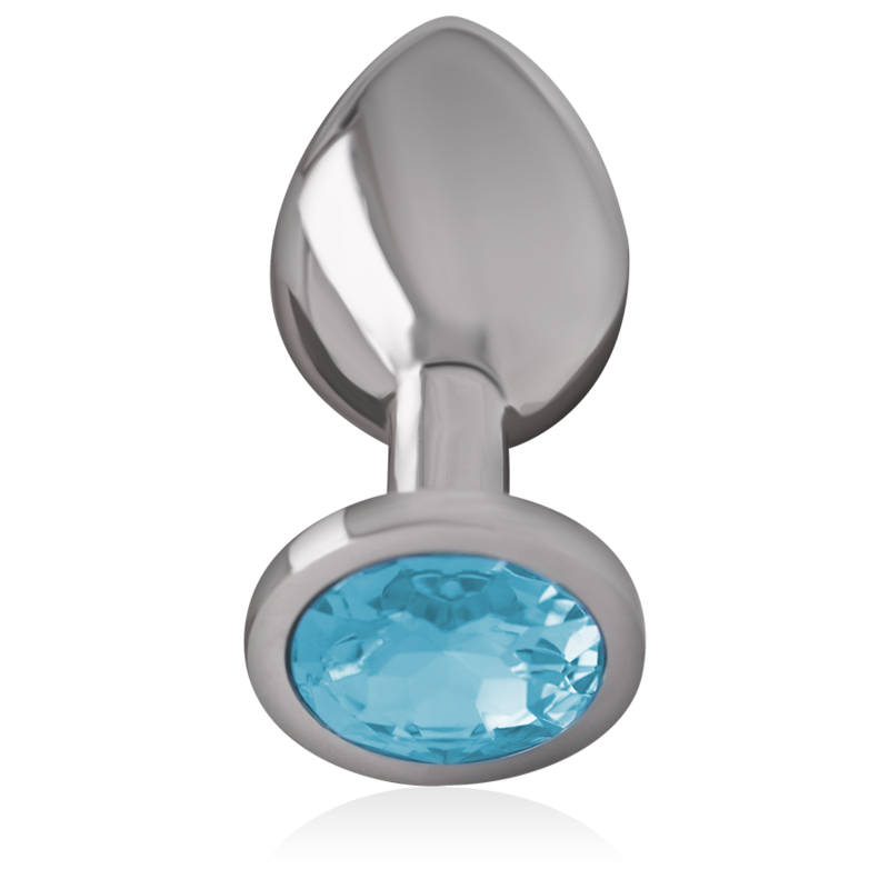 INTENSE plug tapón anal metal con cristal redondo azul, talla M, vista lateral