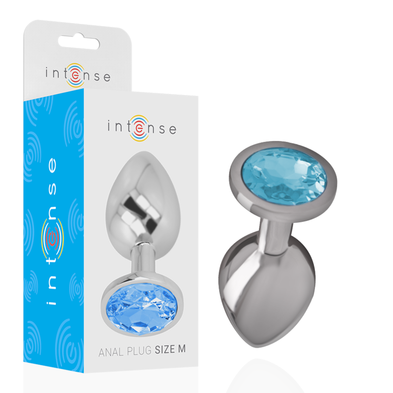 INTENSE plug tapón anal metal con cristal redondo azul, talla M, con empaque original