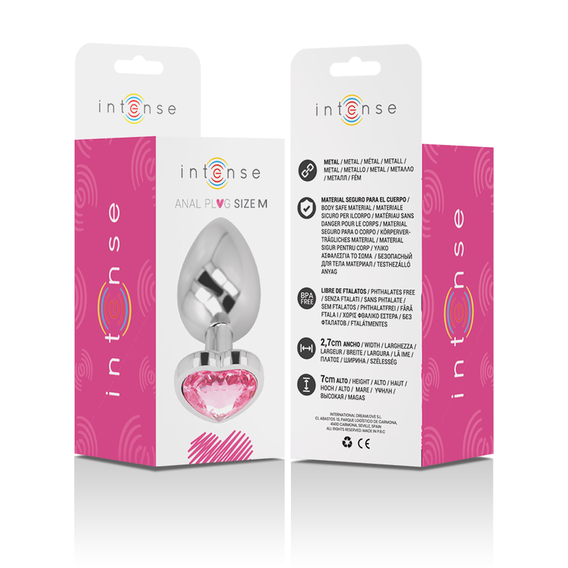INTENSE plug tapón anal en metal con cristal corazón rosa talla M, en caja